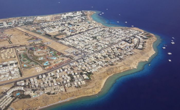 sharm el sheikh and red sea with corals from above